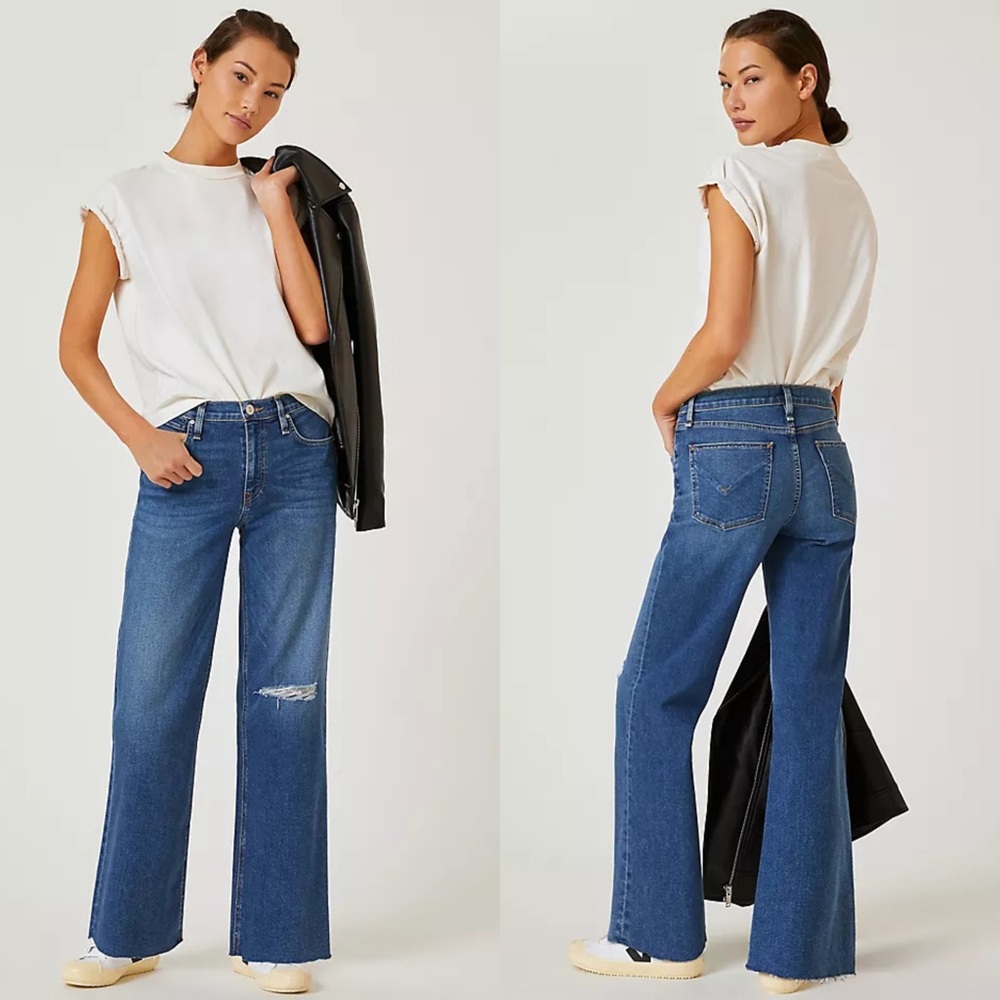 Hudson Rosie High Rise Wide Leg Jeans 28 Ankle Raw Hem Distressed Dark Wash